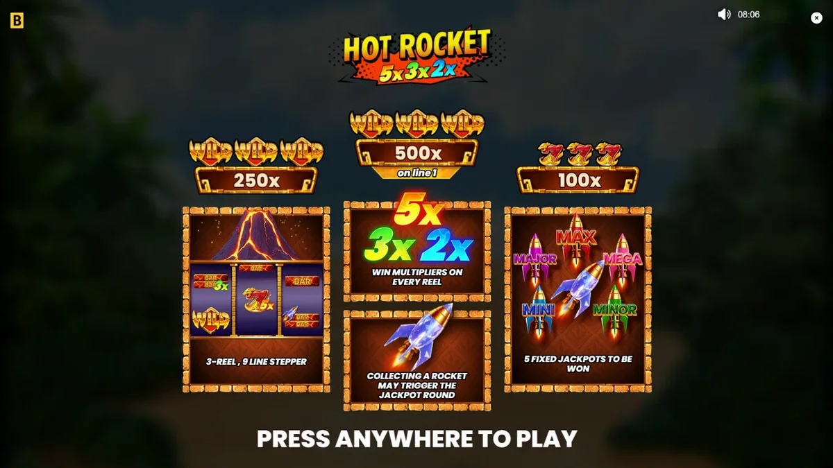 Tampilan visual slot Hot Rocket 5x 3x 2x dengan latar belakang gunung berapi dan simbol klasik.
