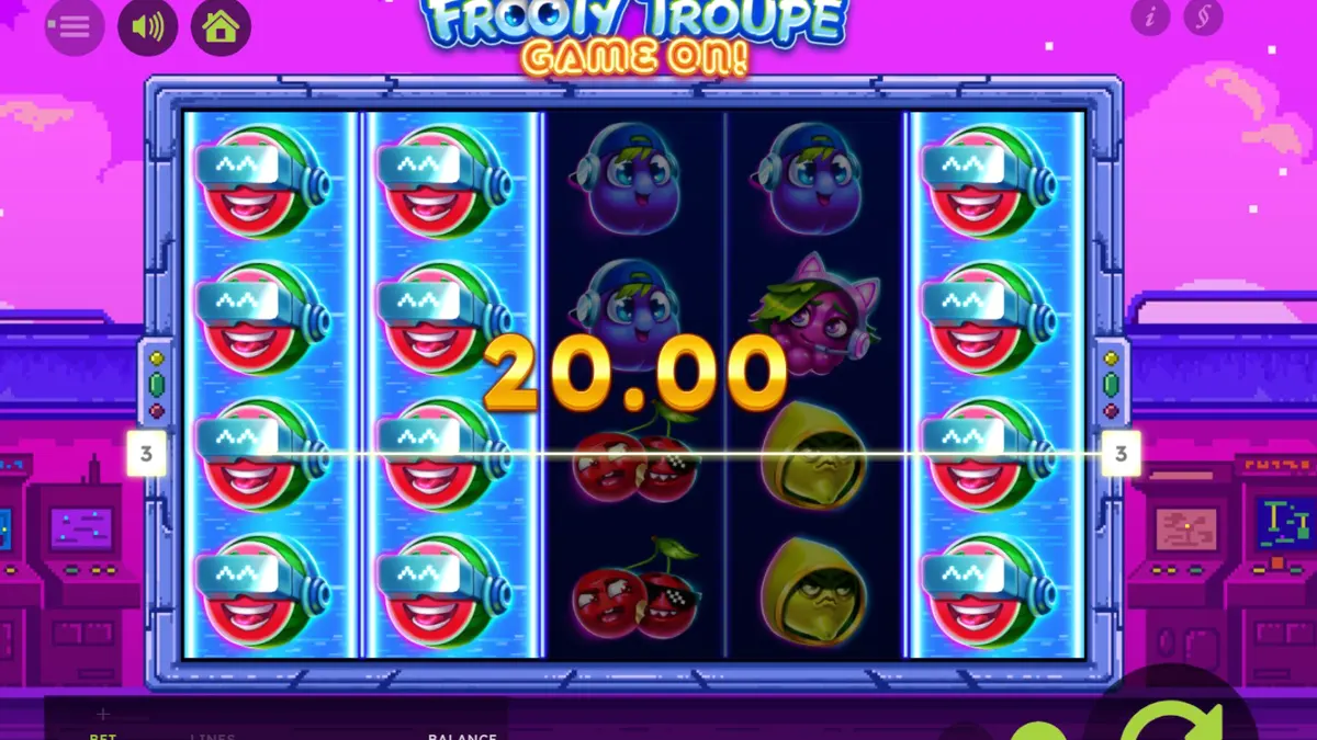 Tampilan visual slot Frooty Troupe dengan tema buah retro dan seni piksel