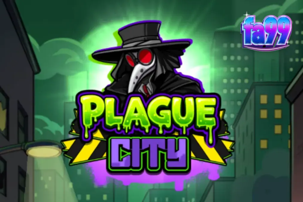 Tampilan visual slot Plague City dengan tema laboratorium dan kota yang terinfeksi.
